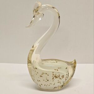 Vintage MCM Gold Flake Hand Blown Glass Swan Figurine Clear / White